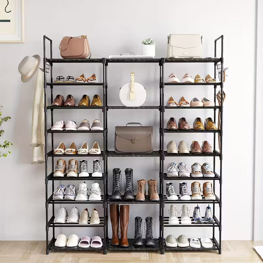9-Tier Shoe Rack Organizer with Hooks, Stackable Metal Shoe Storage Shelf for Entryway, Bedroom, Closet & Hallway