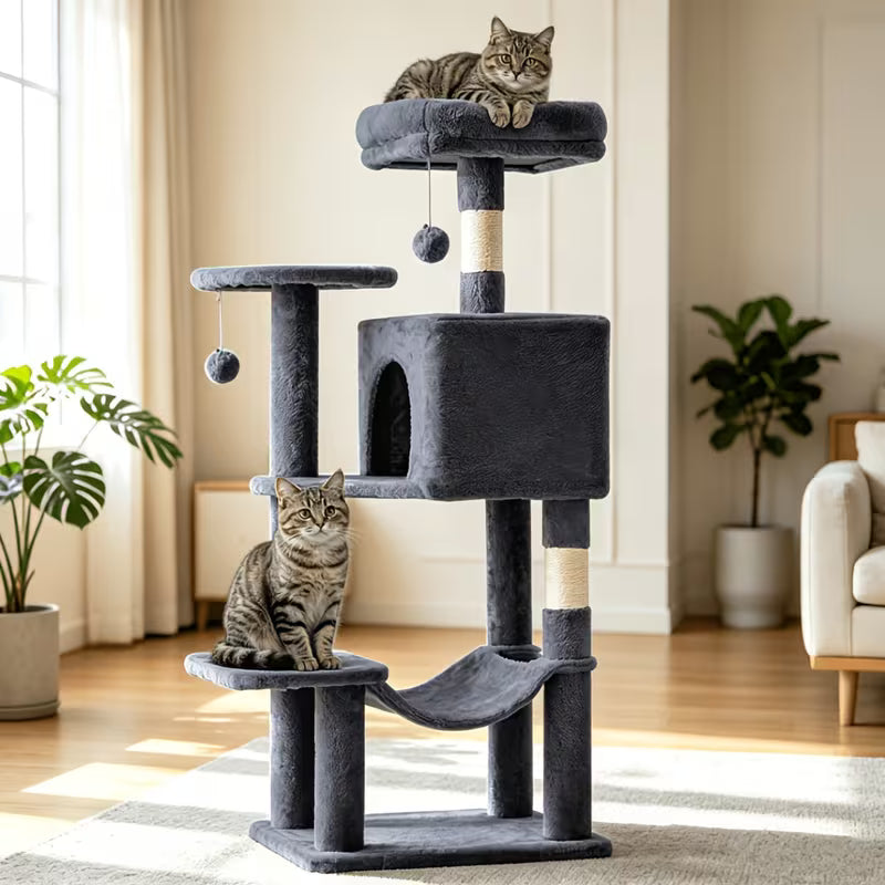 44-Inch Multi-Level Cat Tree with Natural Sisal Scratching Posts, Large Hammock & Enclosed