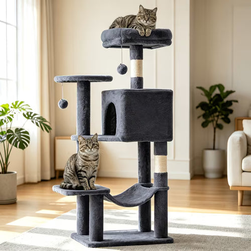 44-Inch Multi-Level Cat Tree with Natural Sisal Scratching Posts, Large Hammock & Enclosed