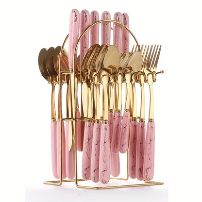 24-Piece Stainless Steel Tableware Set with Short Ceramic Handles – Elegant Dinner Knives & Dessert Spoons for Home, Restaurant & Hotel