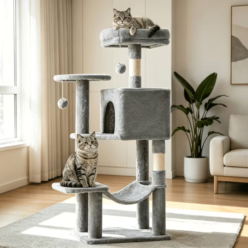44-Inch Multi-Level Cat Tree with Natural Sisal Scratching Posts, Large Hammock & Enclosed