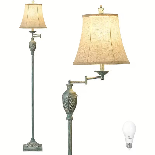 Traditional LED Floor Lamp with 350° Adjustable Swing Arm, Vintage Pole Design & Fabric Lampshade