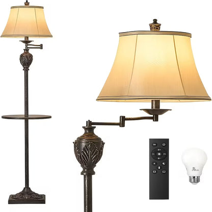 Traditional LED Floor Lamp with 350° Adjustable Swing Arm, Vintage Pole Design & Fabric Lampshade