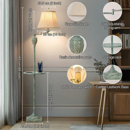 Traditional LED Floor Lamp with 350° Adjustable Swing Arm, Vintage Pole Design & Fabric Lampshade