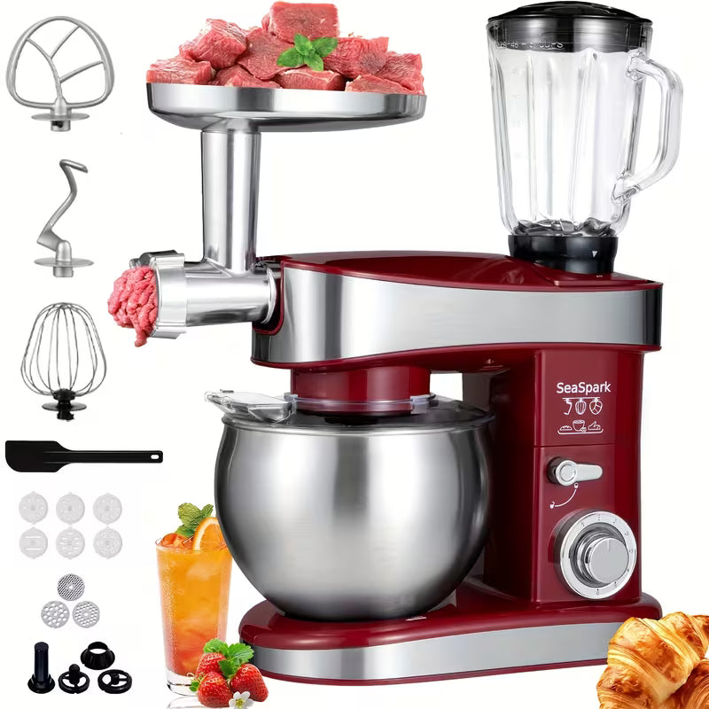 6-in-1 Electric Stand Mixer – 400W, 6-Speed, 6.3QT Stainless Steel Bowl with Meat Grinder, Juicer & Noodle Accessories