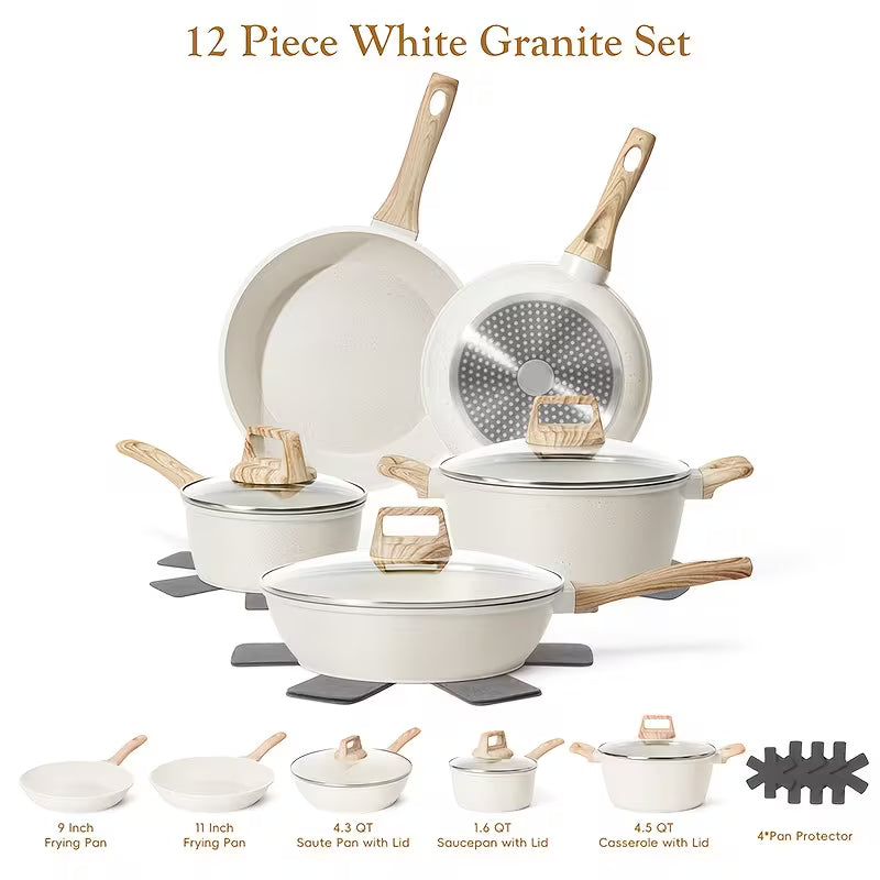 12-Piece Non-Stick Granite Cookware Set, Pots and Pans with Lids, Frying Pans, Saucepan & Pan Protectors, Induction-Compatible Cookware