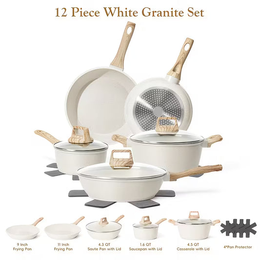 12-Piece Non-Stick Granite Cookware Set, Pots and Pans with Lids, Frying Pans, Saucepan & Pan Protectors, Induction-Compatible Cookware