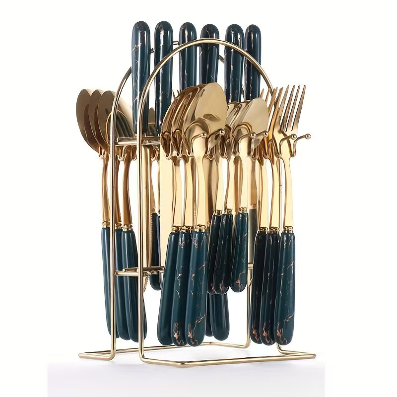 24-Piece Stainless Steel Tableware Set with Short Ceramic Handles – Elegant Dinner Knives & Dessert Spoons for Home, Restaurant & Hotel