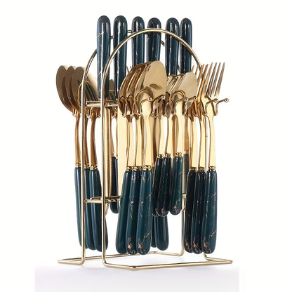 24-Piece Stainless Steel Tableware Set with Short Ceramic Handles – Elegant Dinner Knives & Dessert Spoons for Home, Restaurant & Hotel
